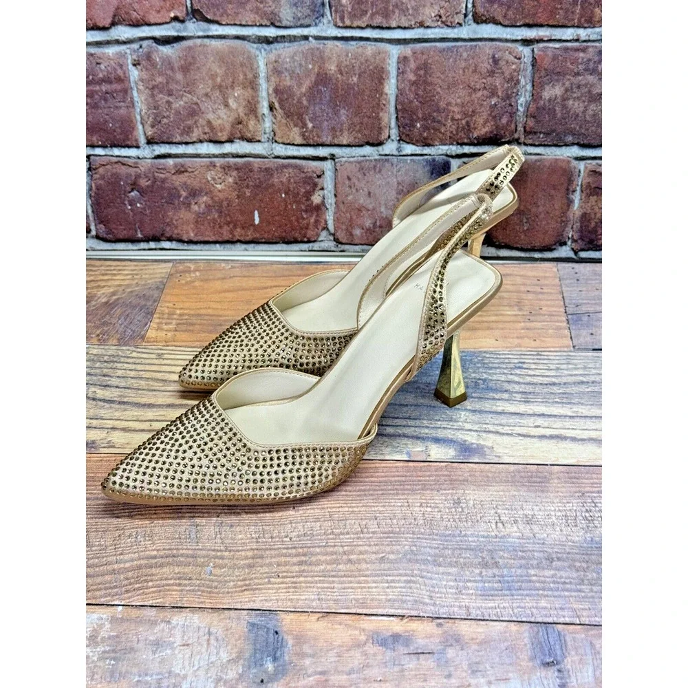 Halston Women's Hawaii Embellished Slingback Pointed Toe Heels Gold Rhinestone 8
